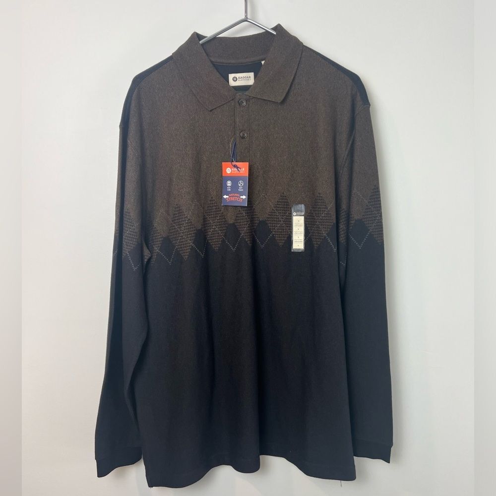 Haggar Men's Brown and Black Argyle Polo Collar Sweater Long Sleeve Large NWT